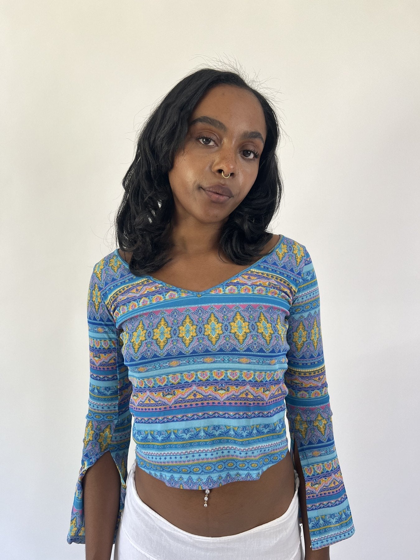 aquamarine drop | small blue patterned long sleeve crop top