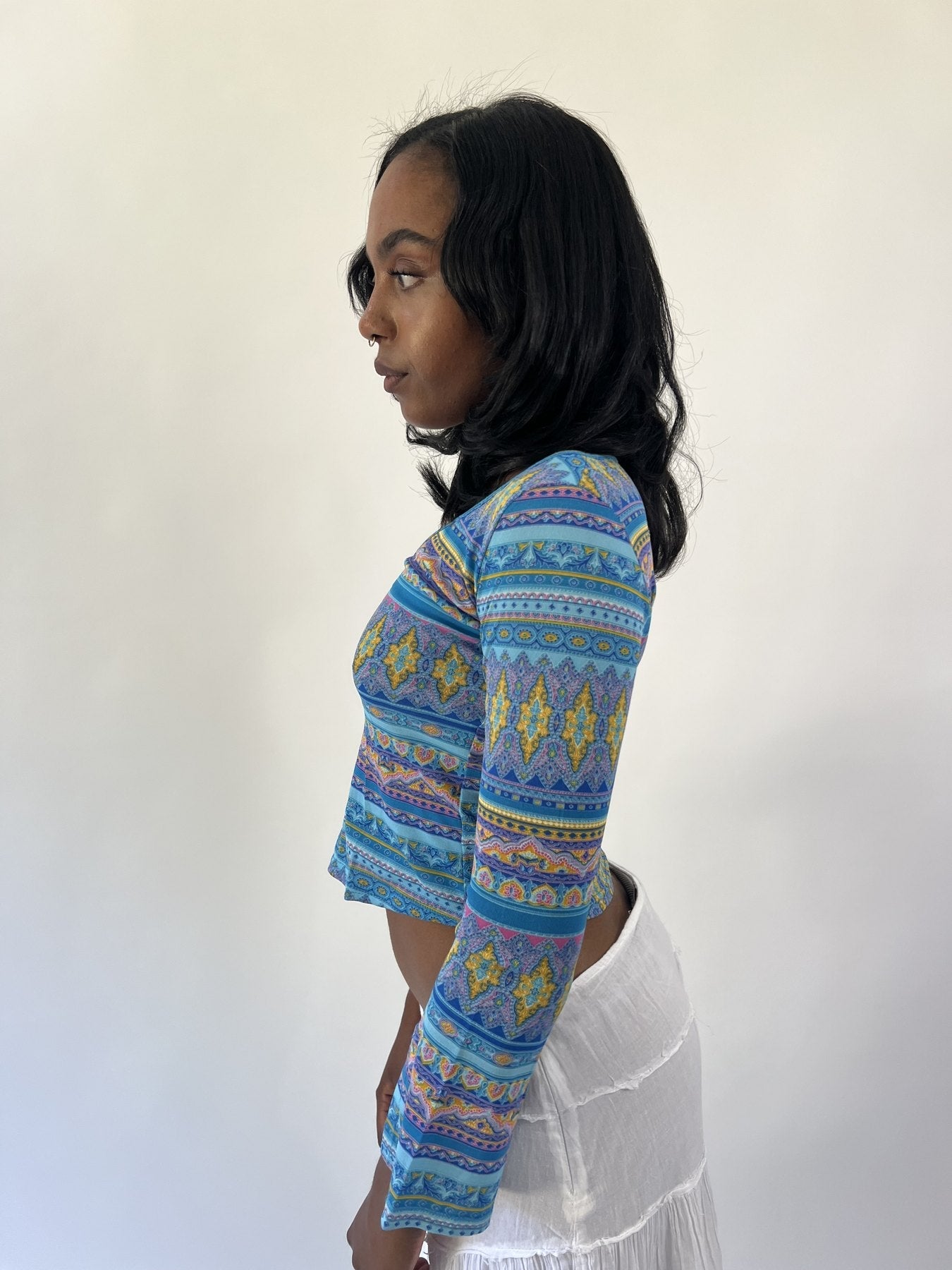 aquamarine drop | small blue patterned long sleeve crop top
