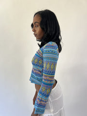 aquamarine drop | small blue patterned long sleeve crop top