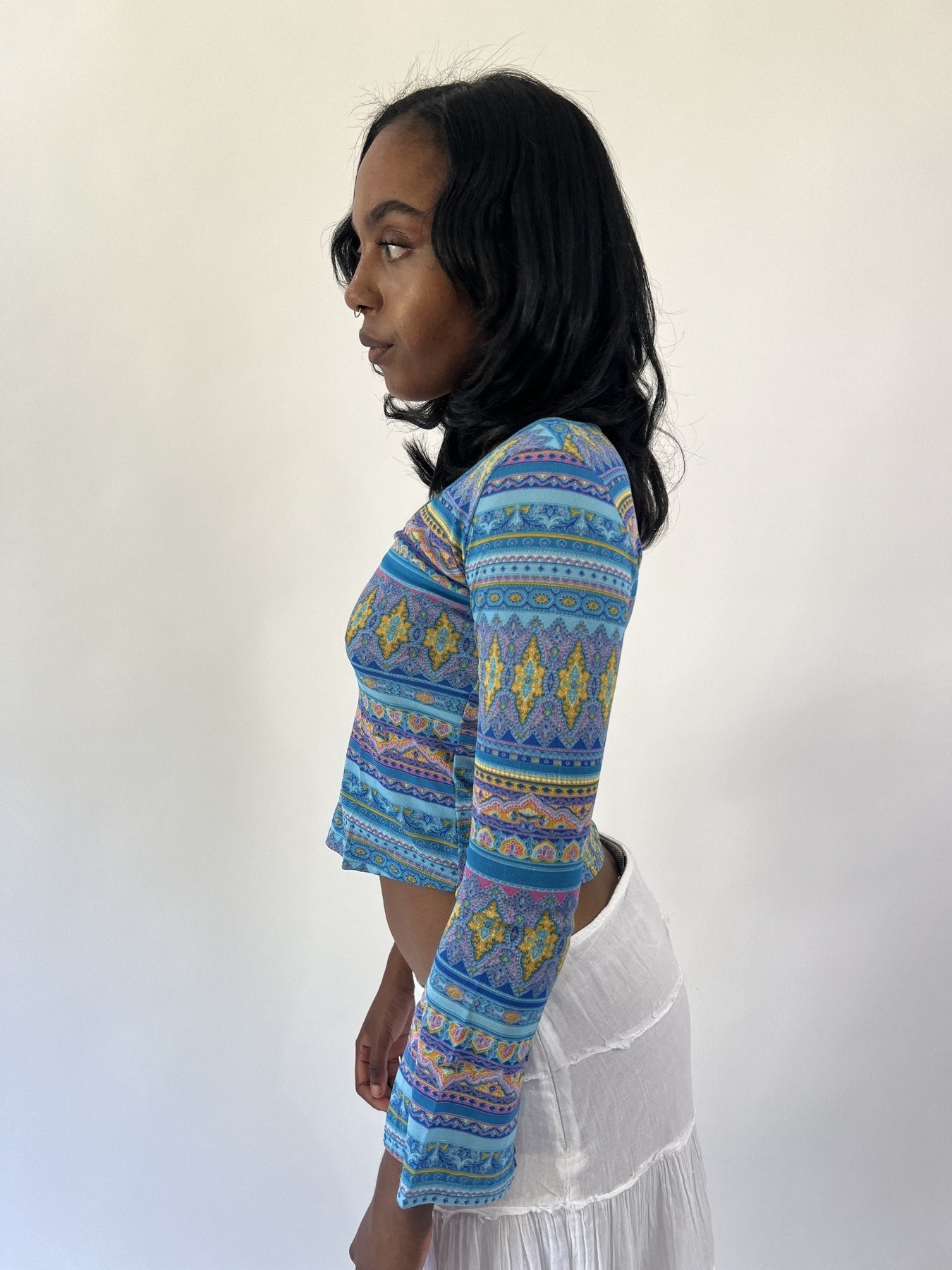 aquamarine drop | small blue patterned long sleeve crop top