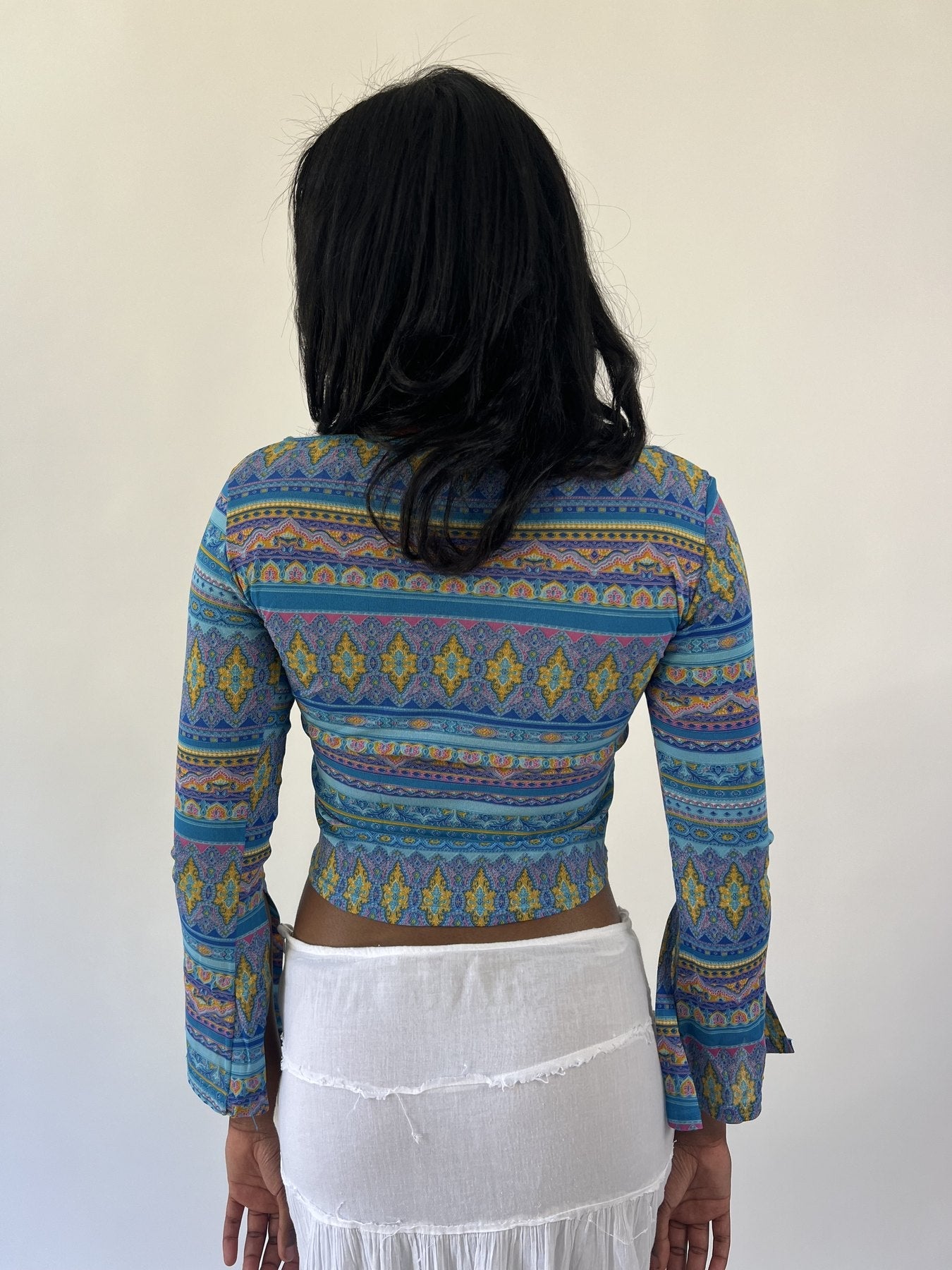 aquamarine drop | small blue patterned long sleeve crop top