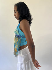 aquamarine drop | small blue and green sheer floral halter top