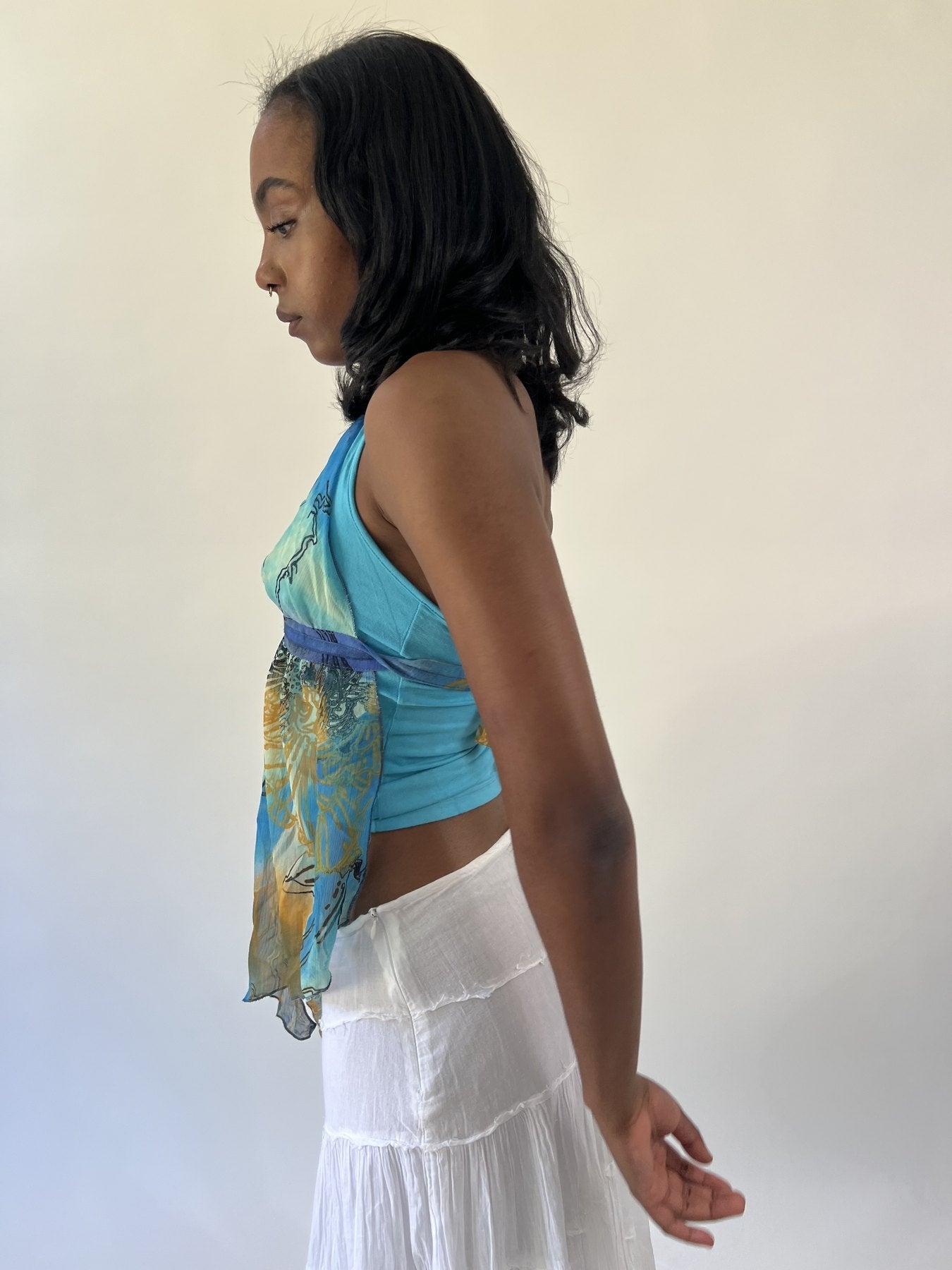 aquamarine drop | small blue and green sheer floral halter top