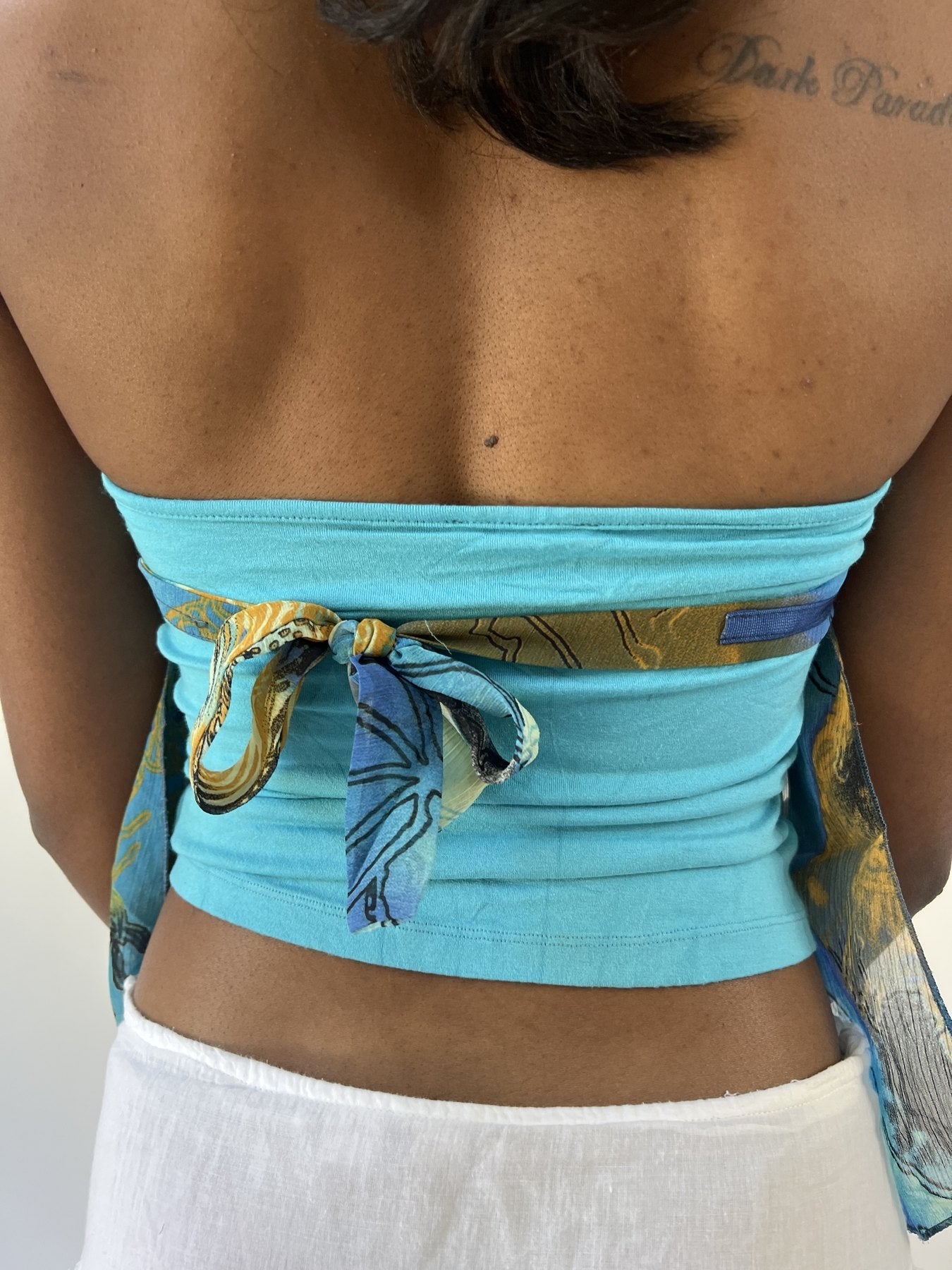 aquamarine drop | small blue and green sheer floral halter top