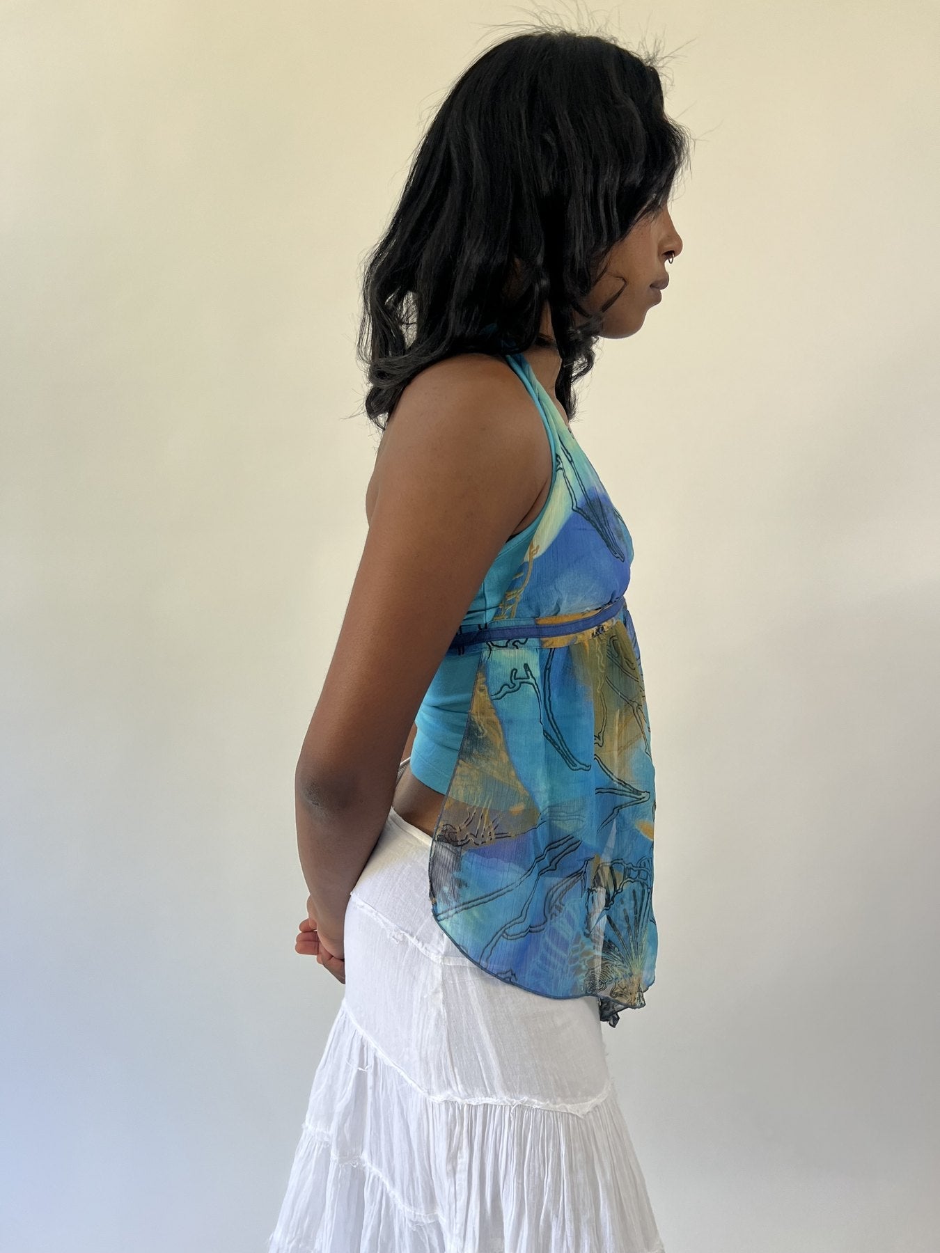 aquamarine drop | small blue and green sheer floral halter top