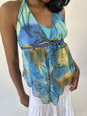 aquamarine drop | small blue and green sheer floral halter top