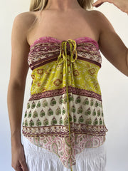 aquamarine drop | small pink green and yellow paisley strapless top