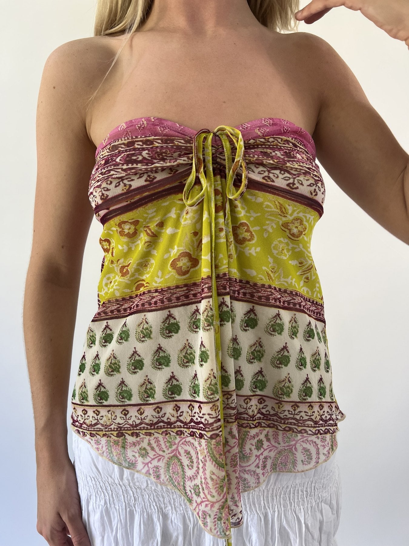 aquamarine drop | small pink green and yellow paisley strapless top