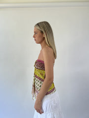 aquamarine drop | small pink green and yellow paisley strapless top