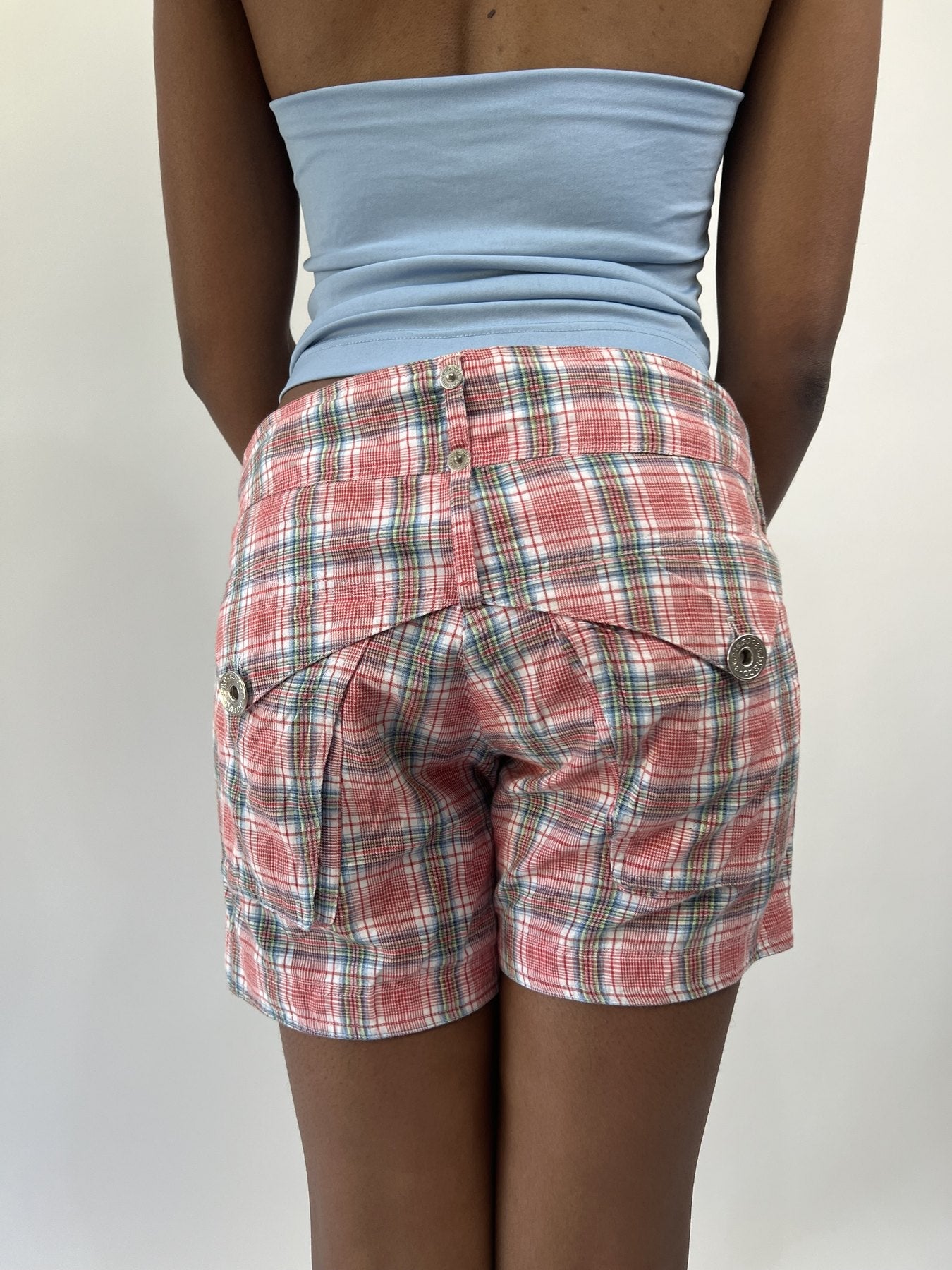 aquamarine drop | small pink plaid cargo shorts