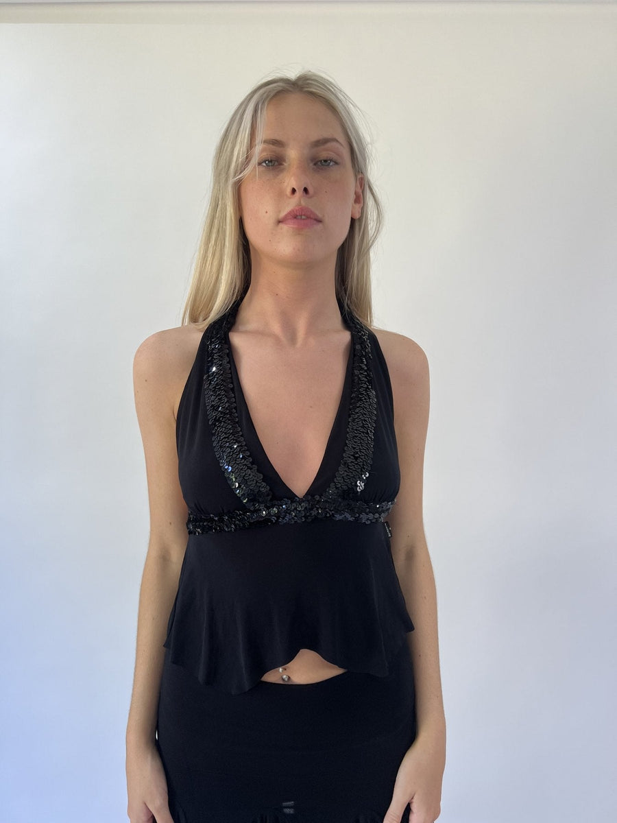 aquamarine drop | small black sequin halter top