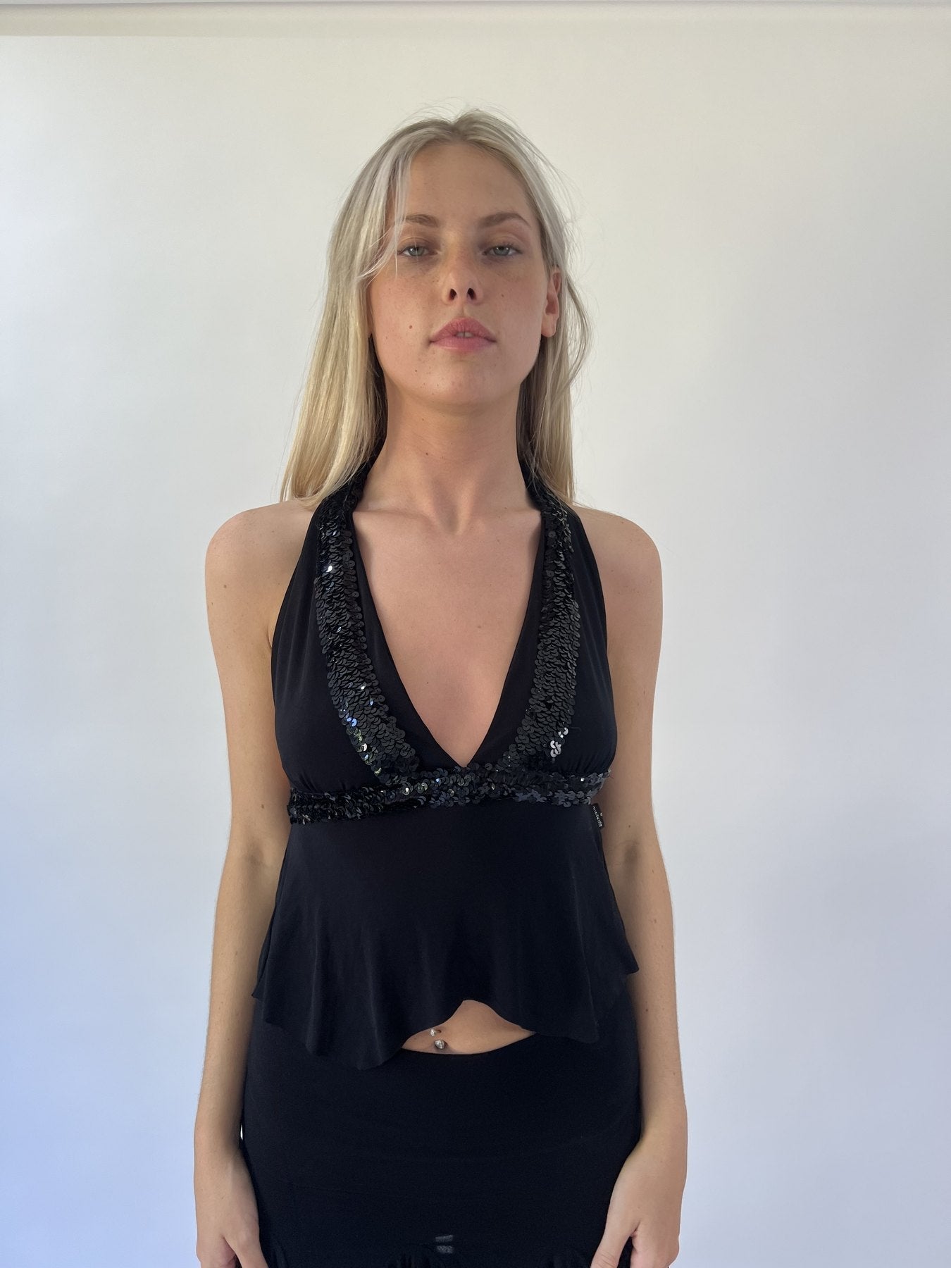 aquamarine drop | small black sequin halter top