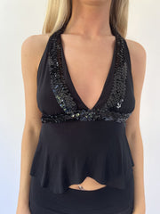 aquamarine drop | small black sequin halter top