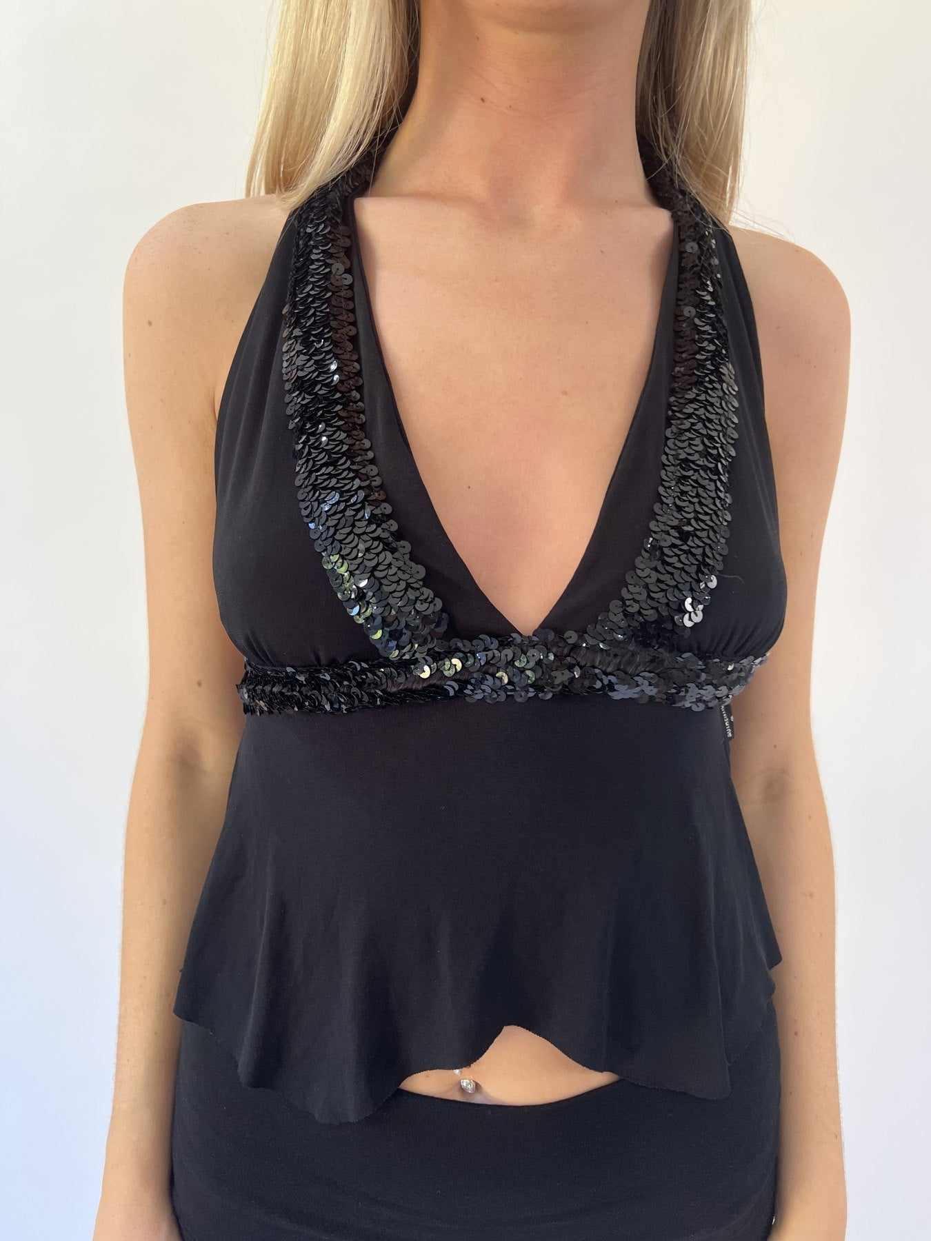 aquamarine drop | small black sequin halter top