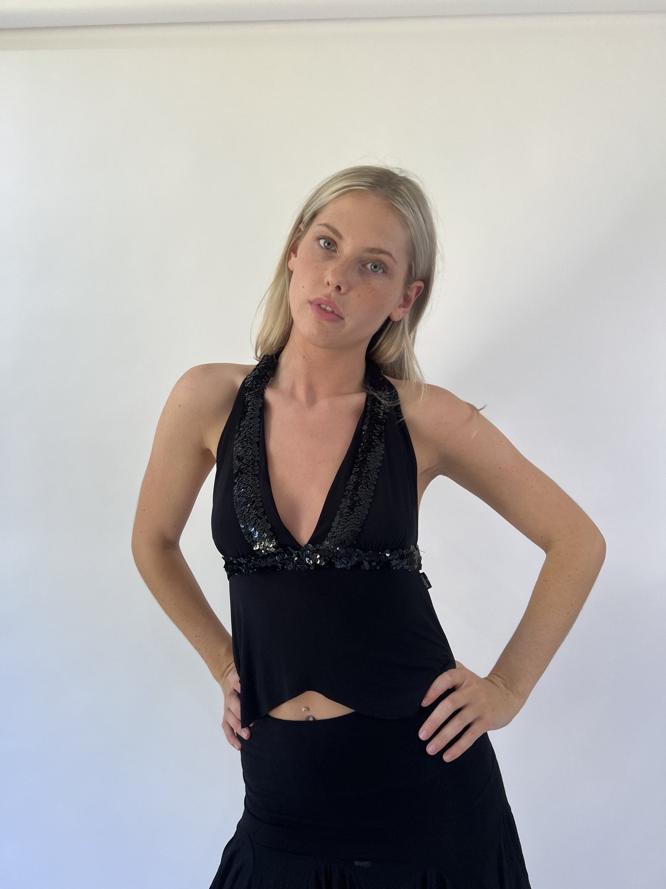 aquamarine drop | small black sequin halter top