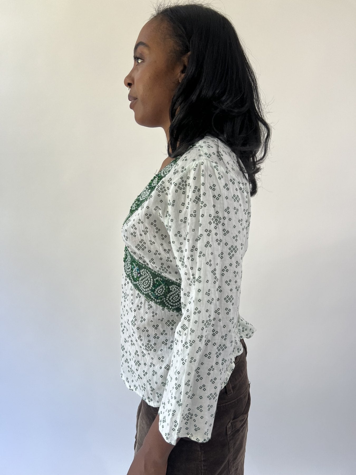 aquamarine drop | small white and green patterned long sleeve top