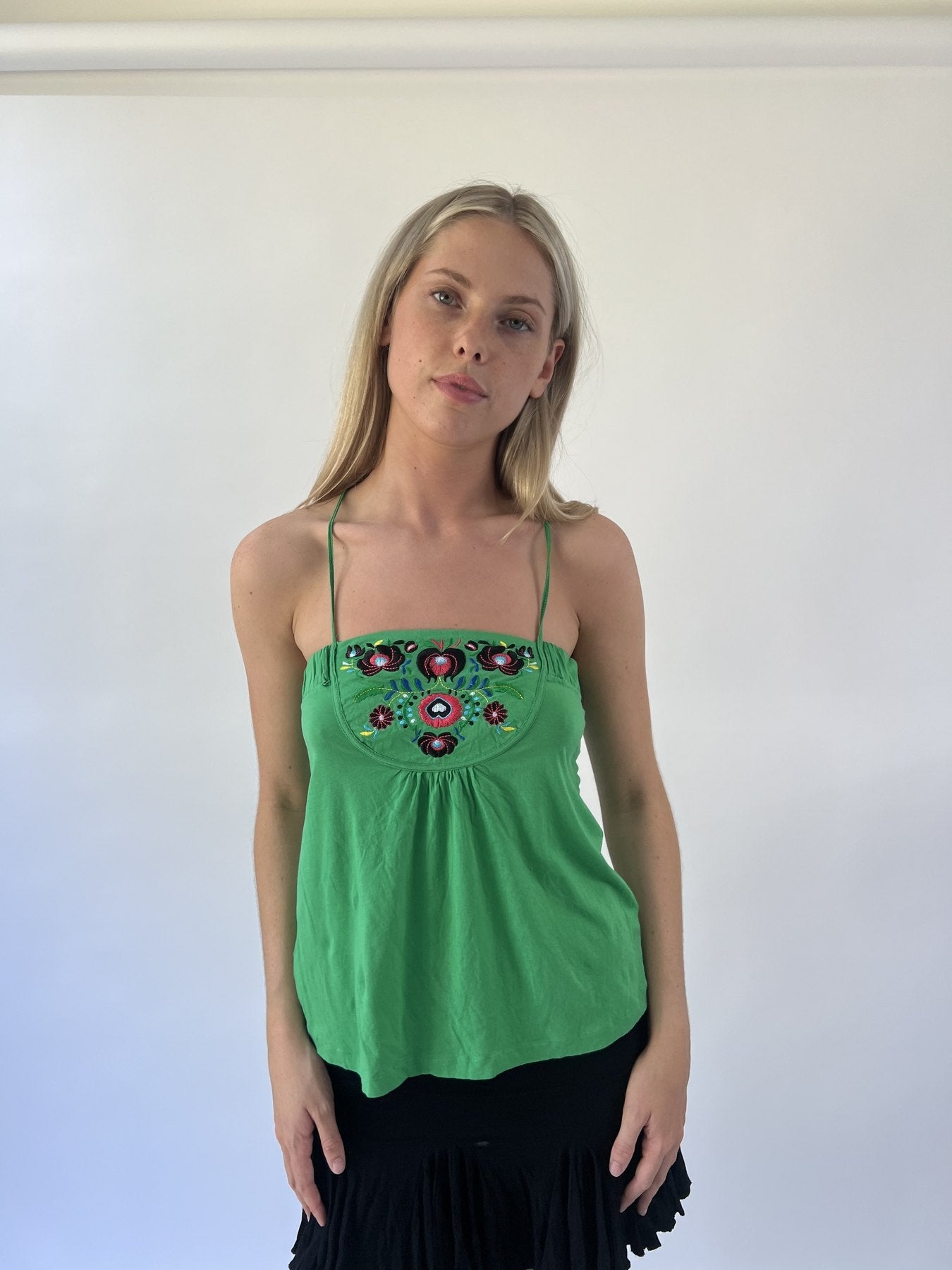 aquamarine drop | small green embroidered cami top