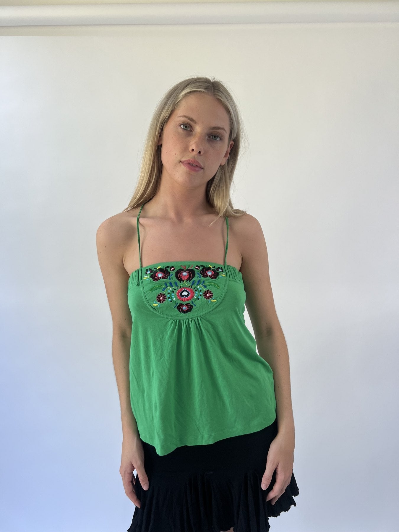 aquamarine drop | small green embroidered cami top