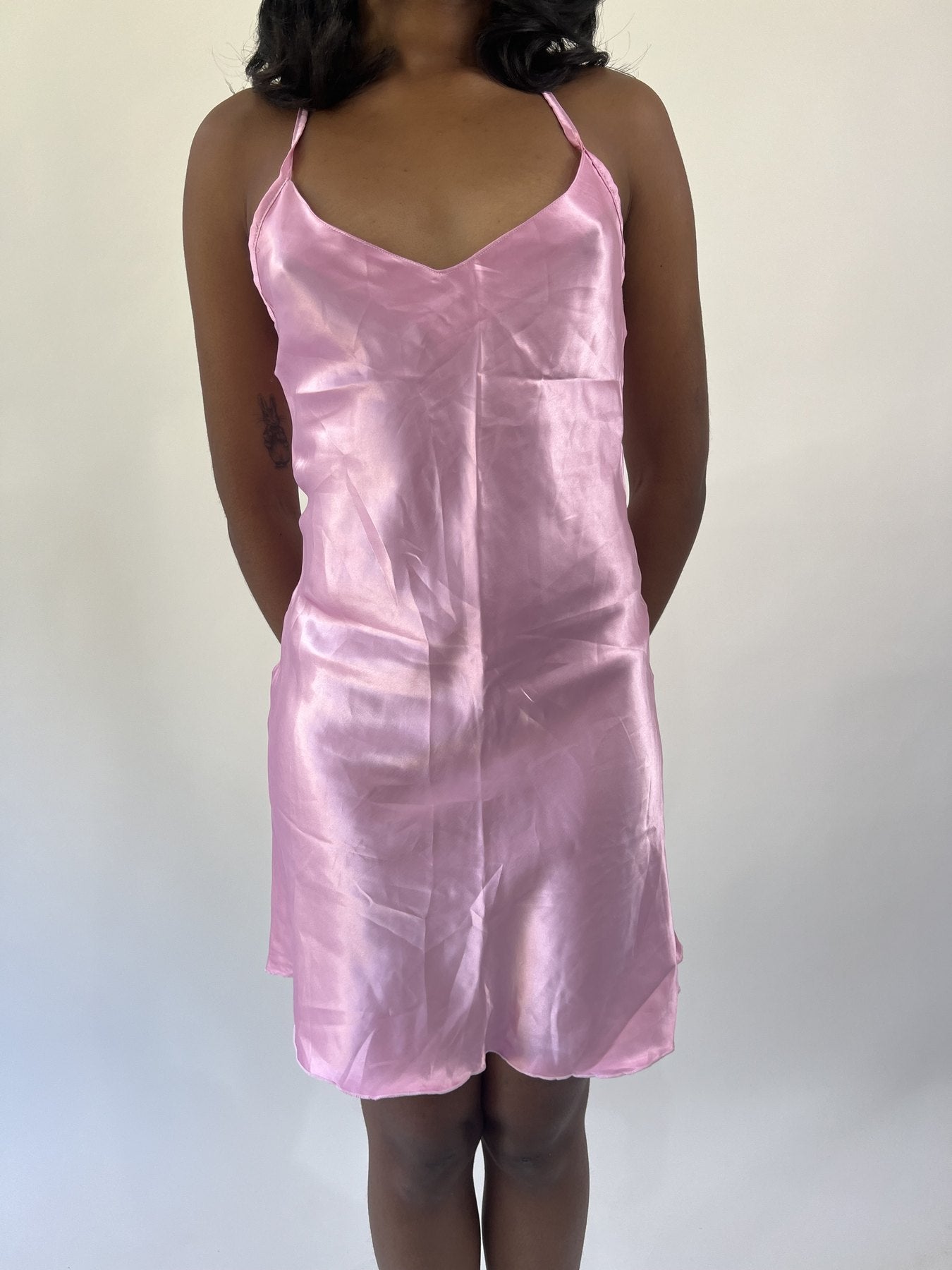 aquamarine drop | small pink satin mini dress