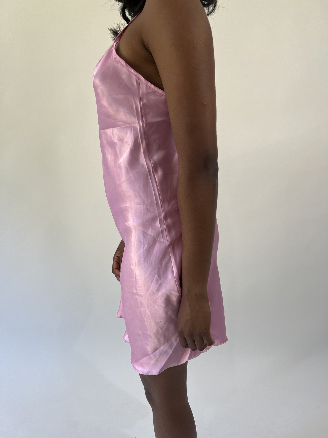aquamarine drop | small pink satin mini dress