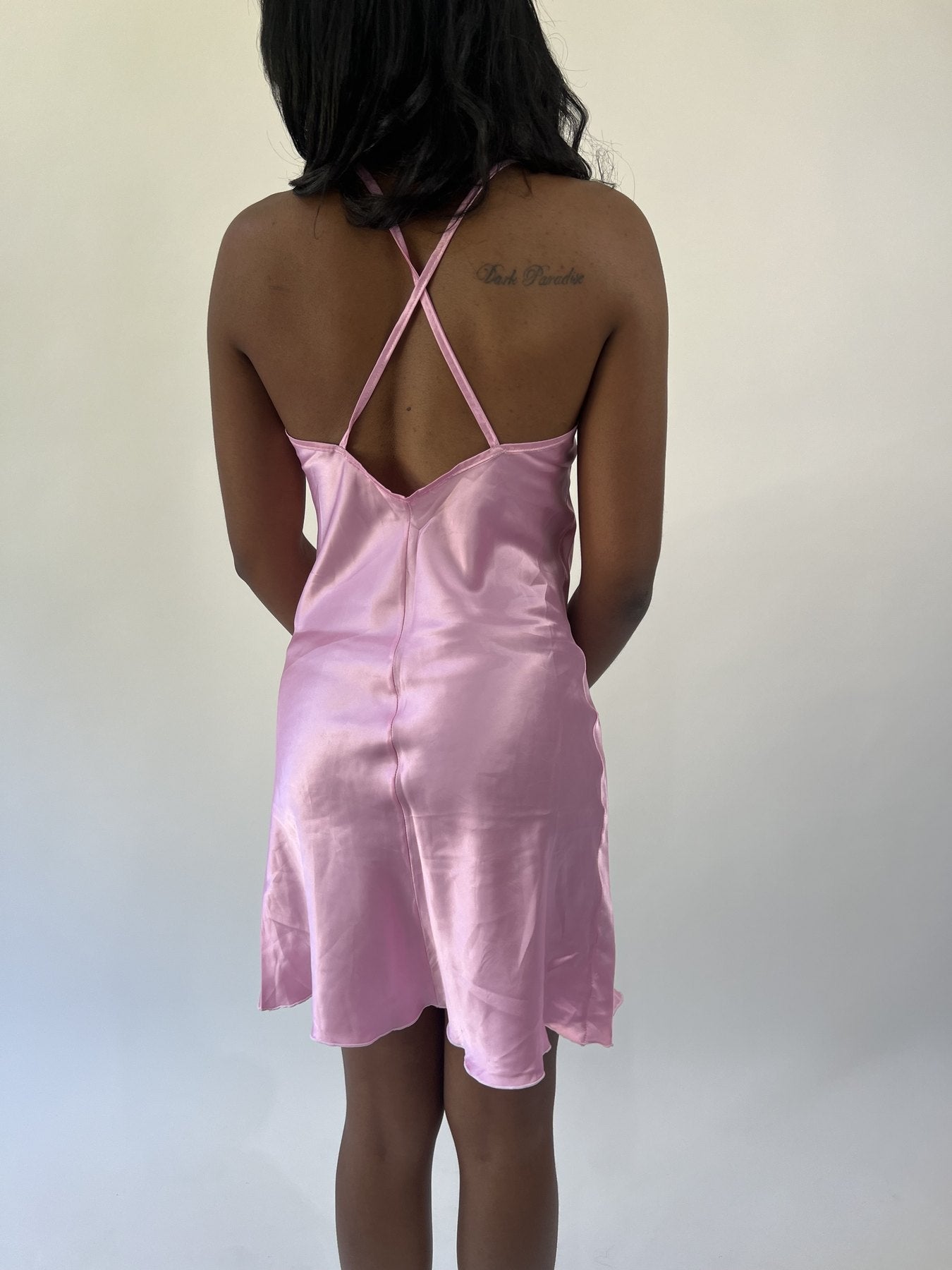 aquamarine drop | small pink satin mini dress