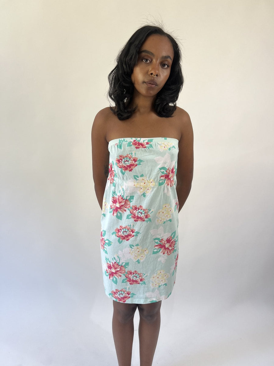 aquamarine drop | small mint floral strapless midi dress