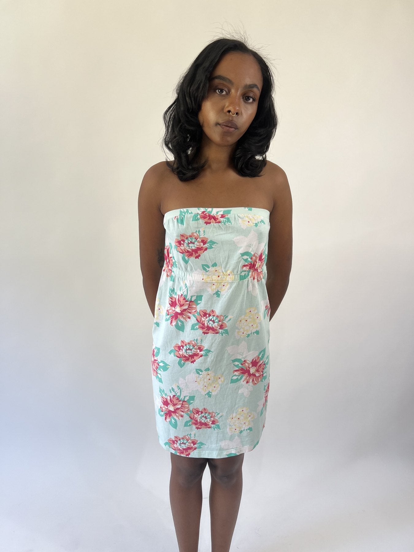 aquamarine drop | small mint floral strapless midi dress