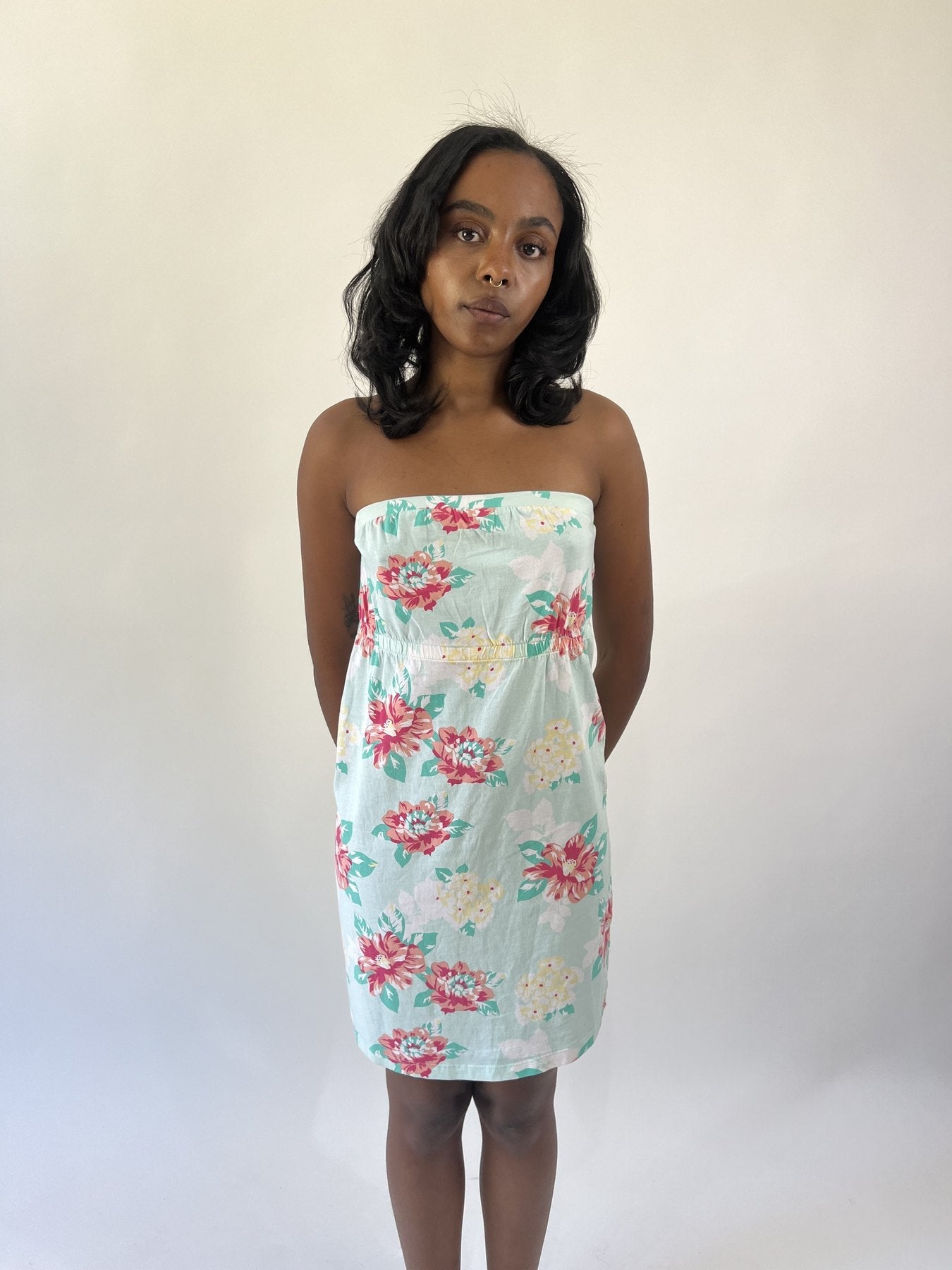 aquamarine drop | small mint floral strapless midi dress