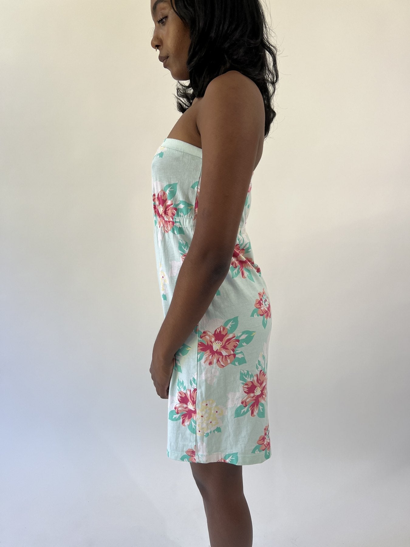 aquamarine drop | small mint floral strapless midi dress