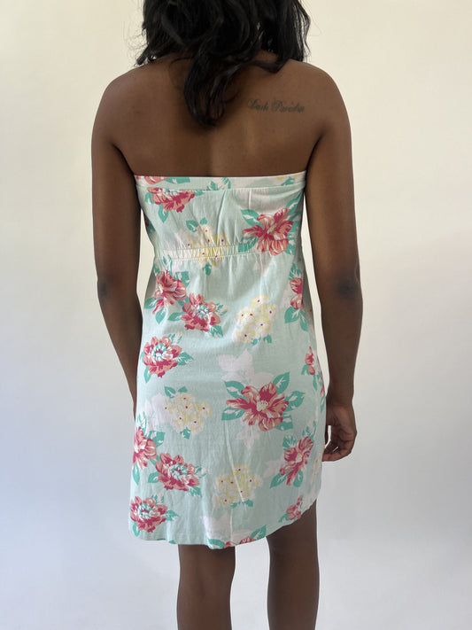 aquamarine drop | small mint floral strapless midi dress