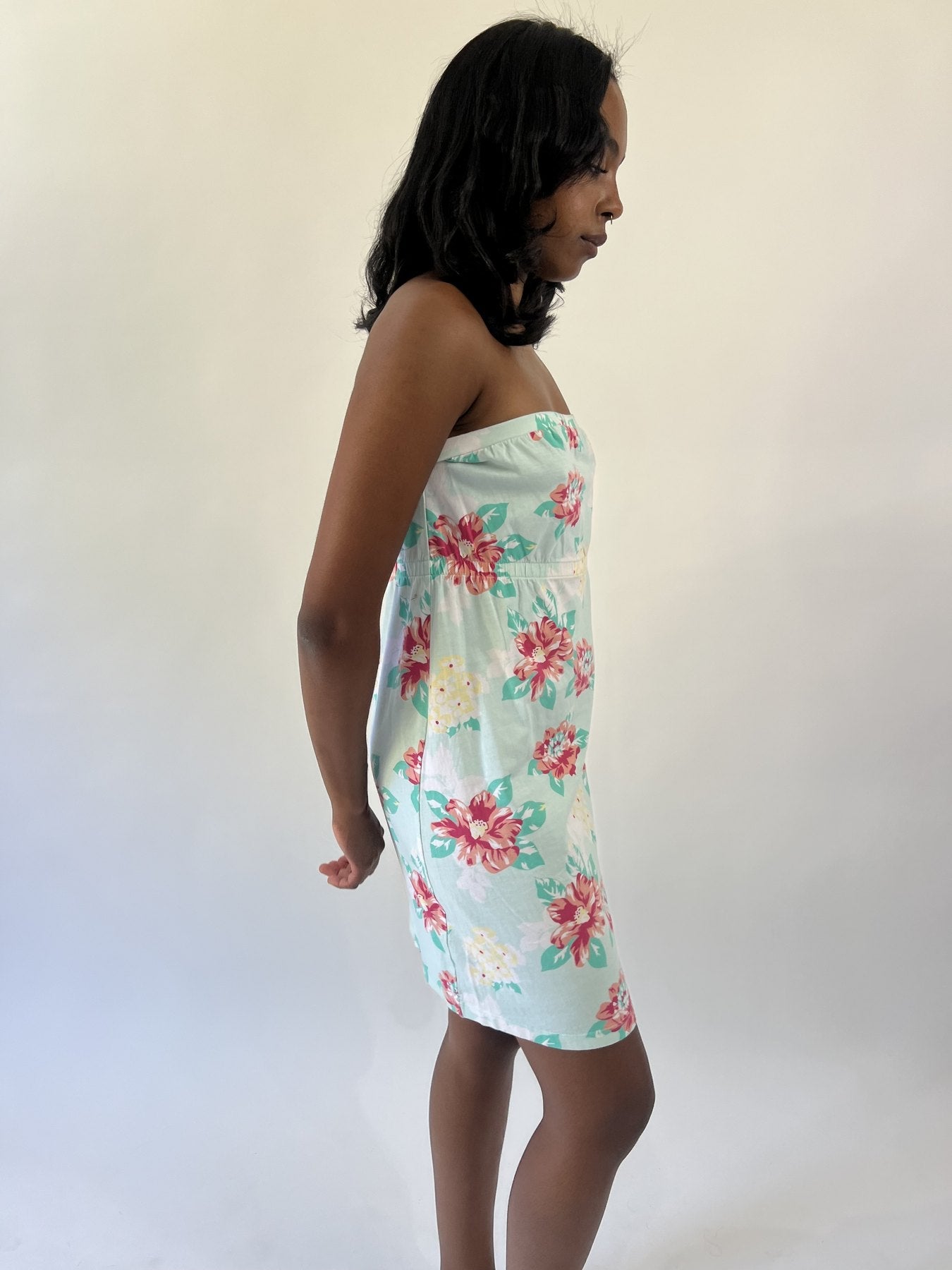 aquamarine drop | small mint floral strapless midi dress