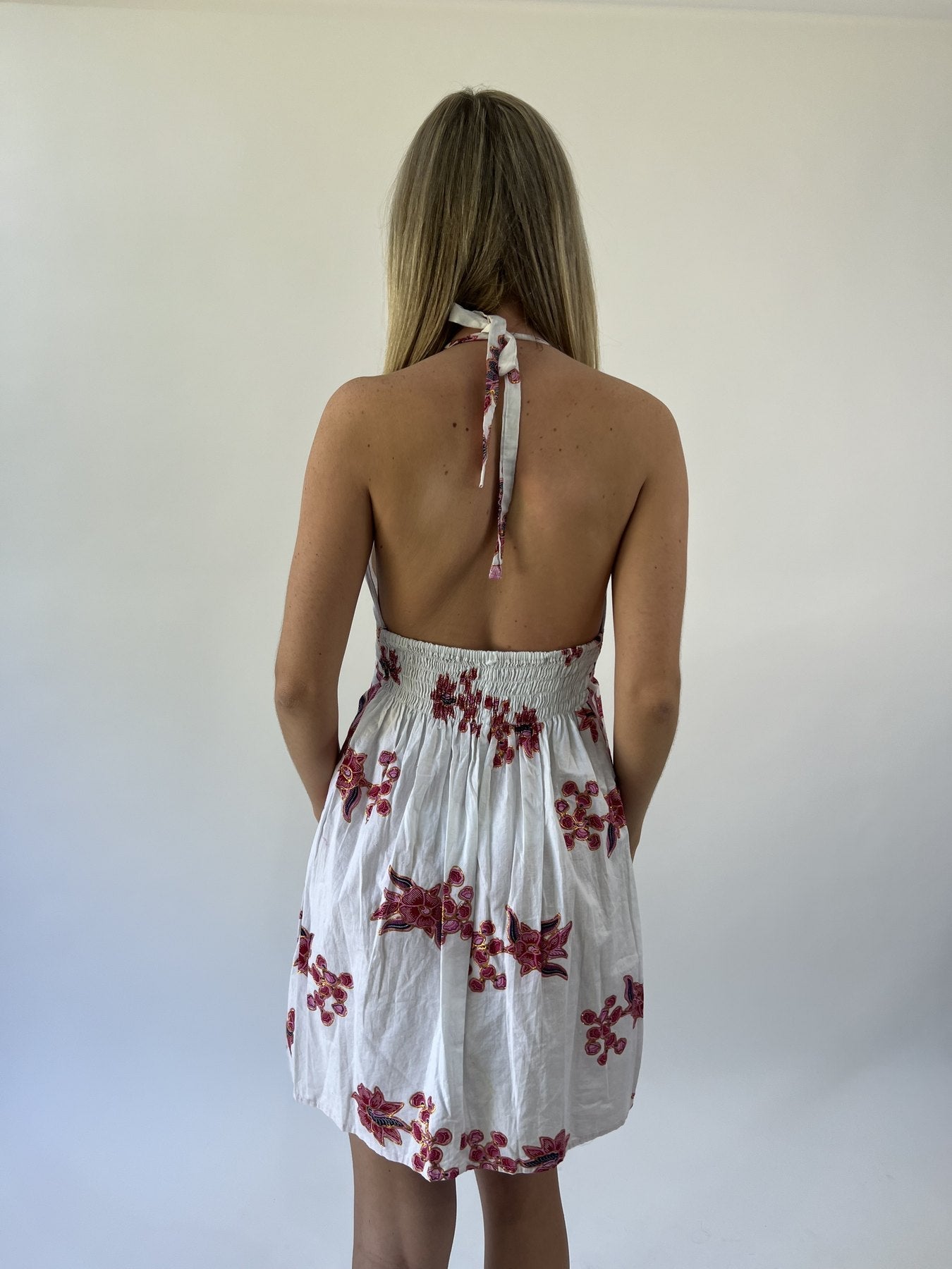 aquamarine drop | small white pink and red floral halter dress