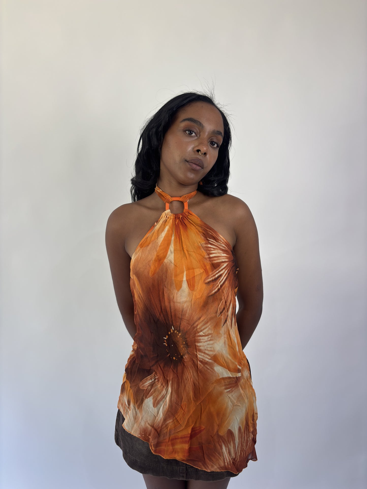 aquamarine drop | small orange and brown floral asymmetric halter top