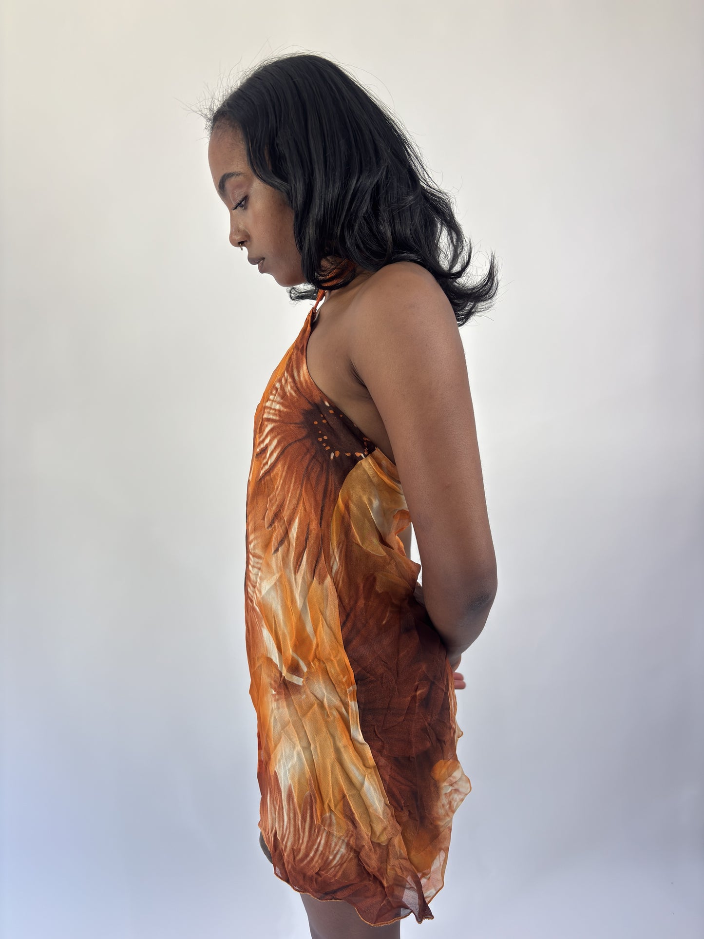 aquamarine drop | small orange and brown floral asymmetric halter top