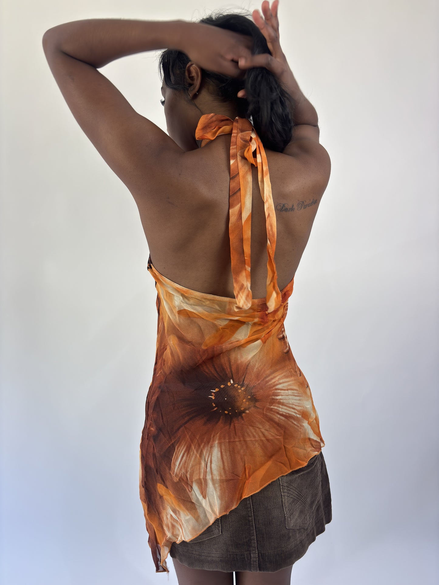 aquamarine drop | small orange and brown floral asymmetric halter top