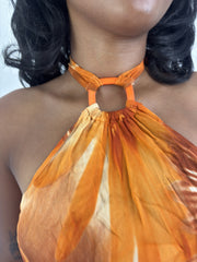 aquamarine drop | small orange and brown floral asymmetric halter top