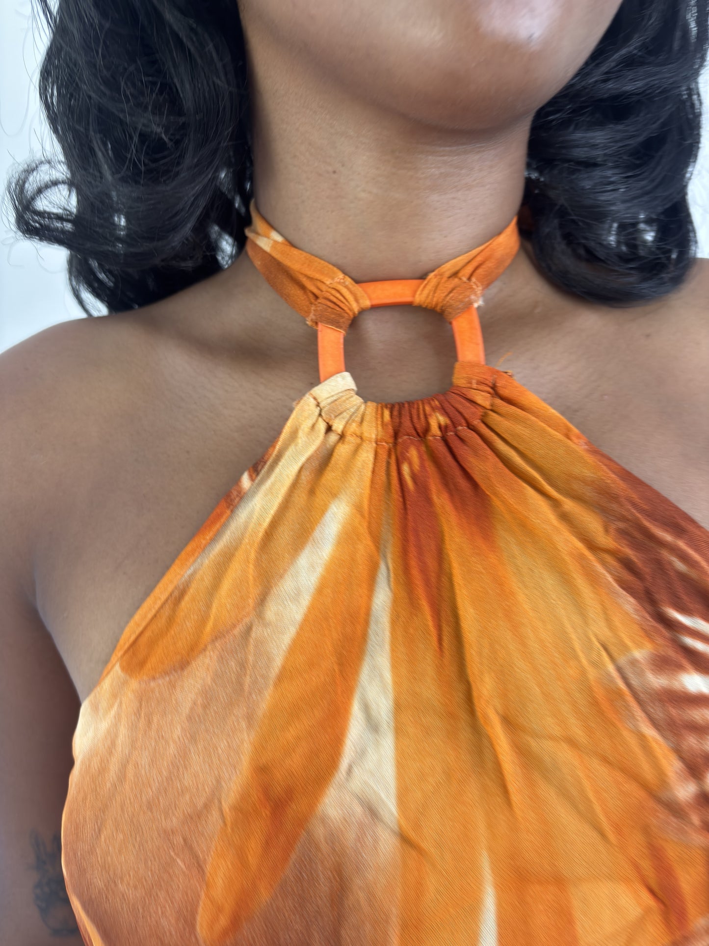aquamarine drop | small orange and brown floral asymmetric halter top