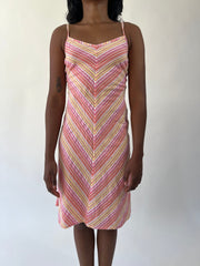 aquamarine drop | small pink, orange and yellow striped midi dress