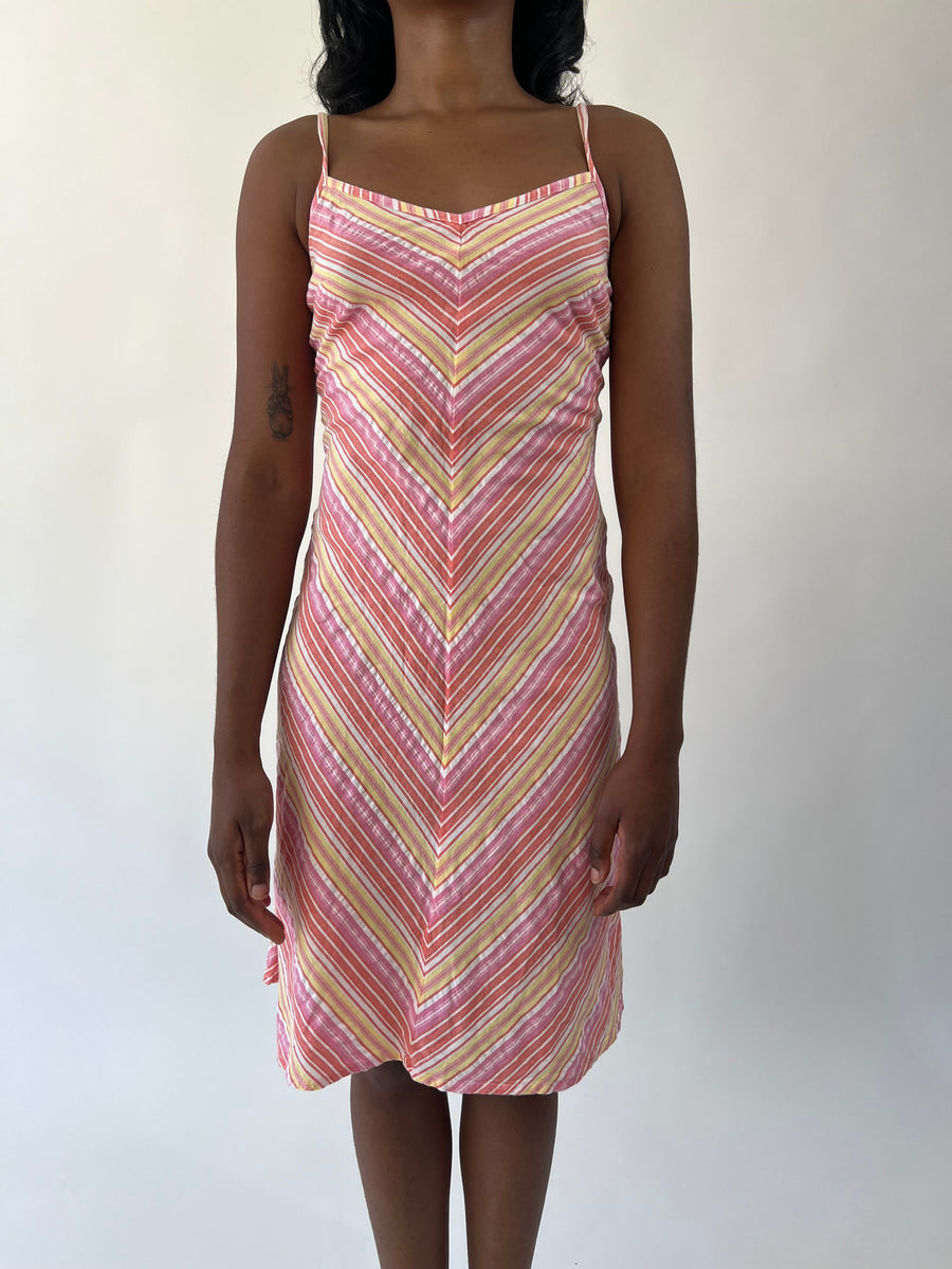 aquamarine drop | small pink, orange and yellow striped midi dress
