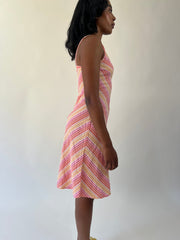 aquamarine drop | small pink, orange and yellow striped midi dress