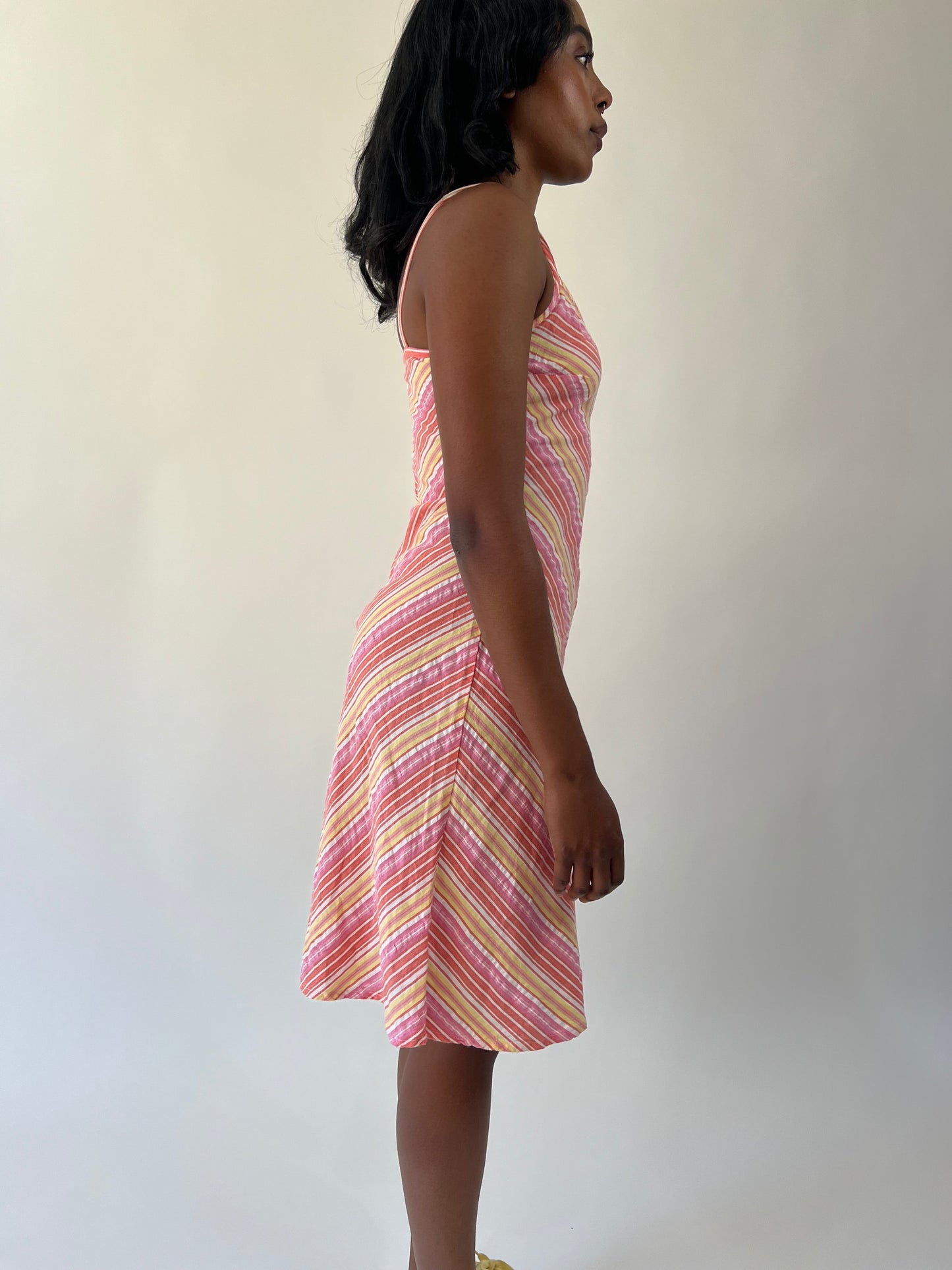 aquamarine drop | small pink, orange and yellow striped midi dress