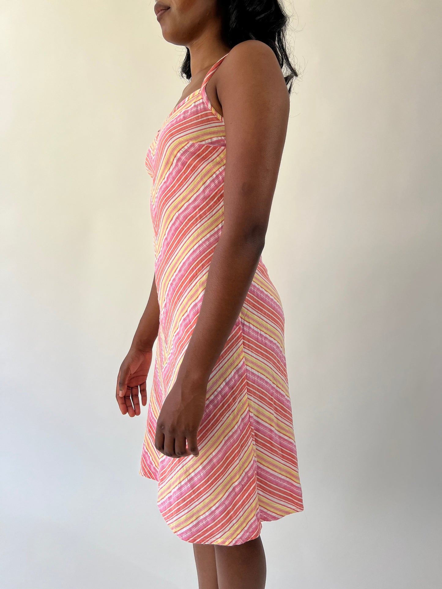 aquamarine drop | small pink, orange and yellow striped midi dress