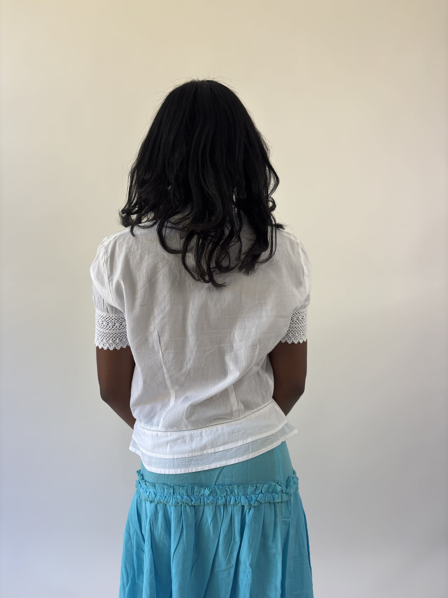 aquamarine drop | small white lace trim short sleeve blouse