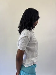 aquamarine drop | small white lace trim short sleeve blouse