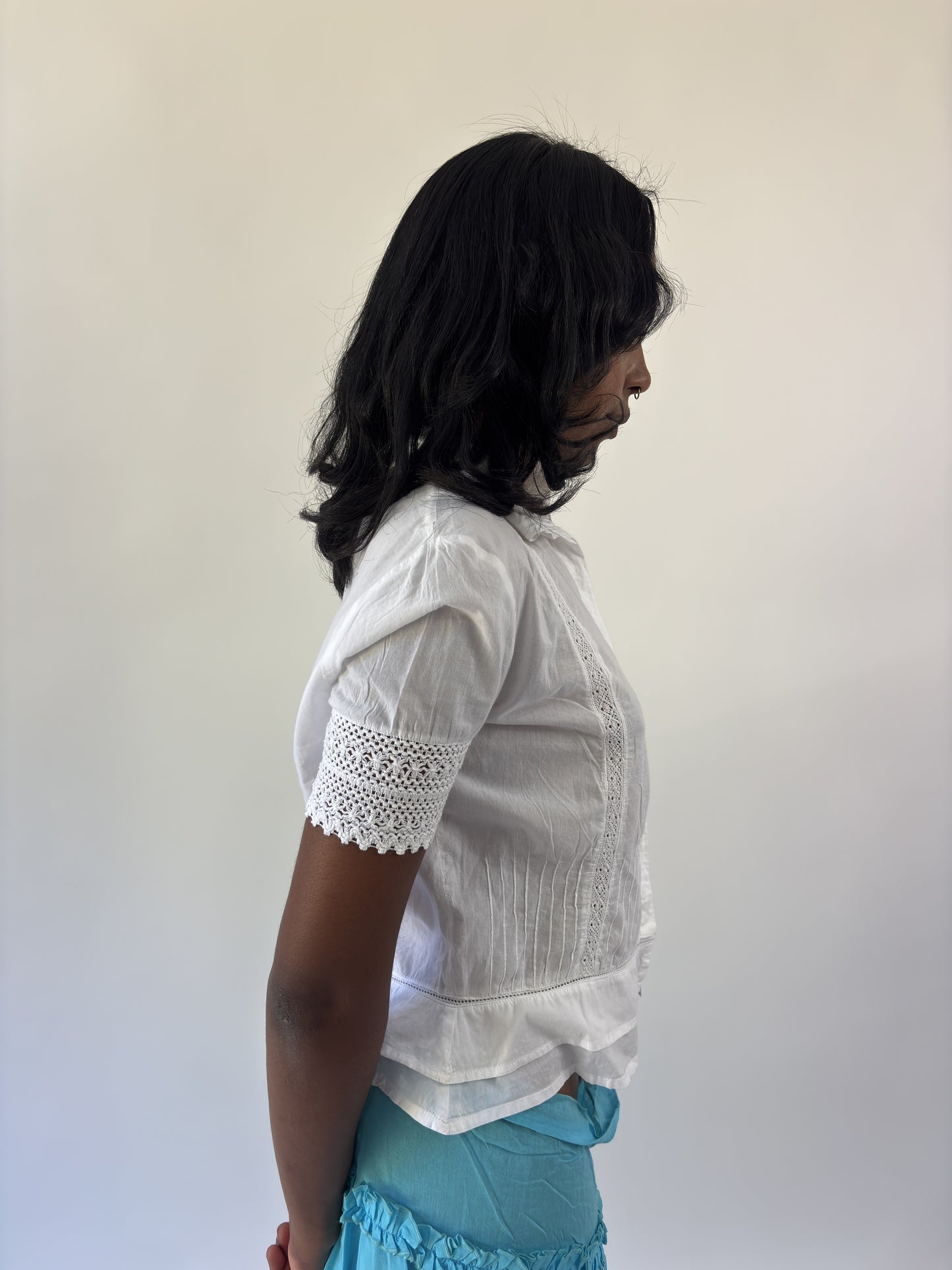 aquamarine drop | small white lace trim short sleeve blouse