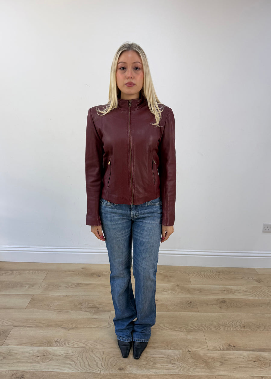 small red leather-look zip jacket front