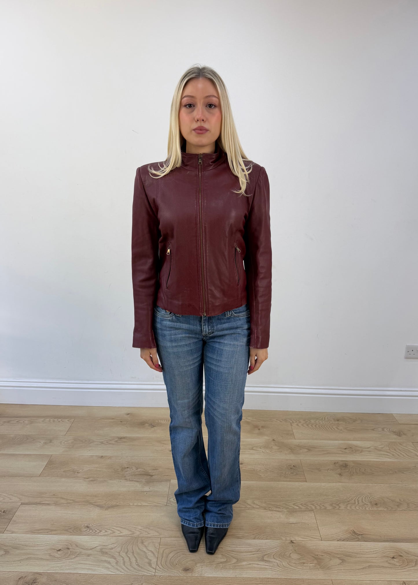 small red leather-look zip jacket front