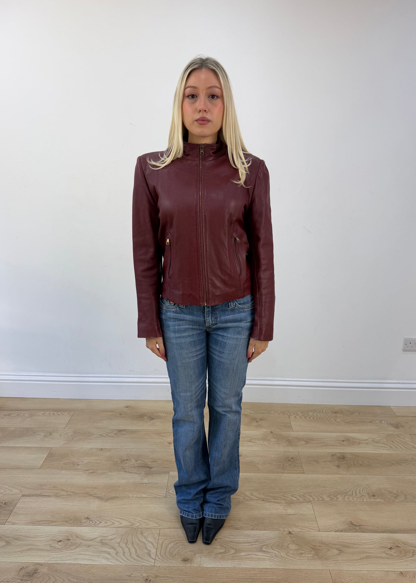 small red leather-look zip jacket view 2