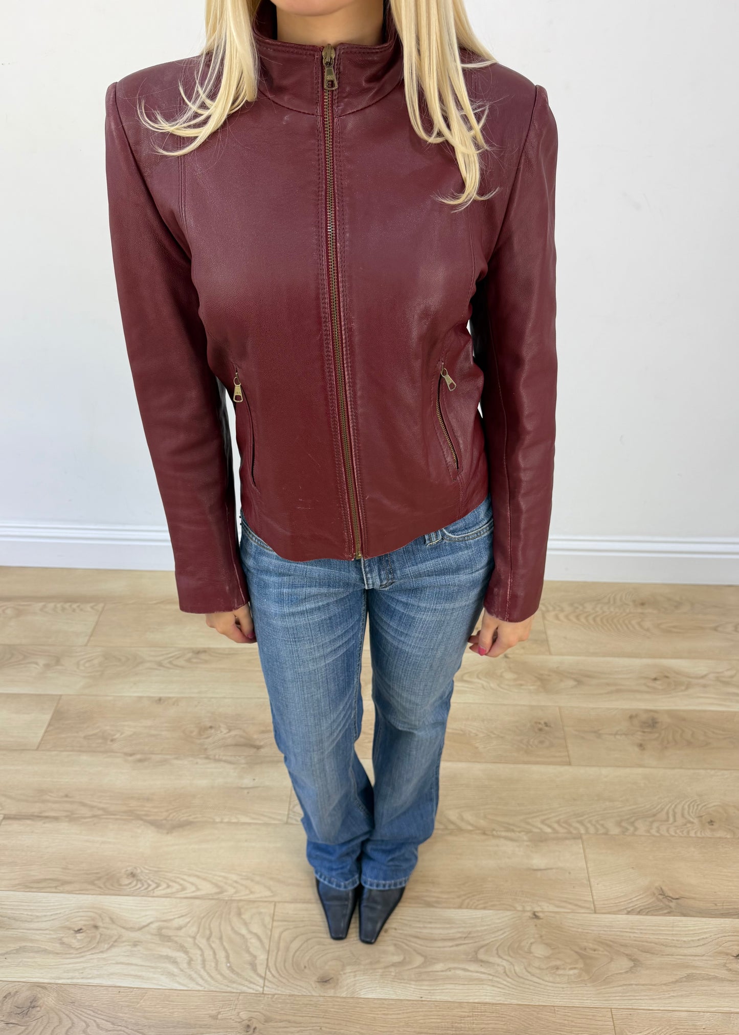 small red leather-look zip jacket view 4