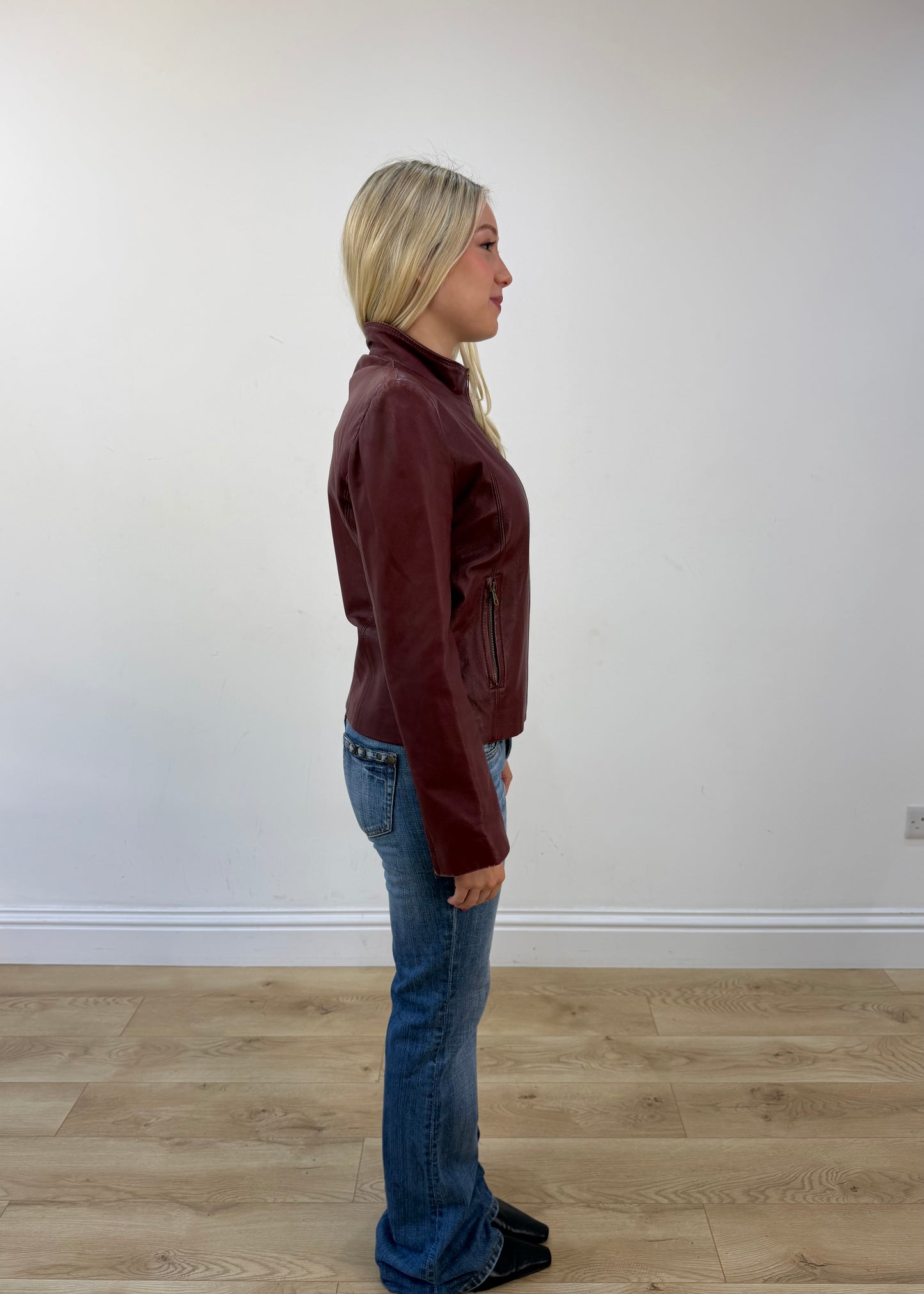 small red leather-look zip jacket view 7